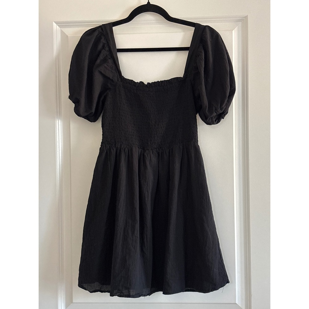 Cotton On Black Square Neck Smocked Puff Sleeve Mini Dress Cottagecore Medium - Picture 3 of 4